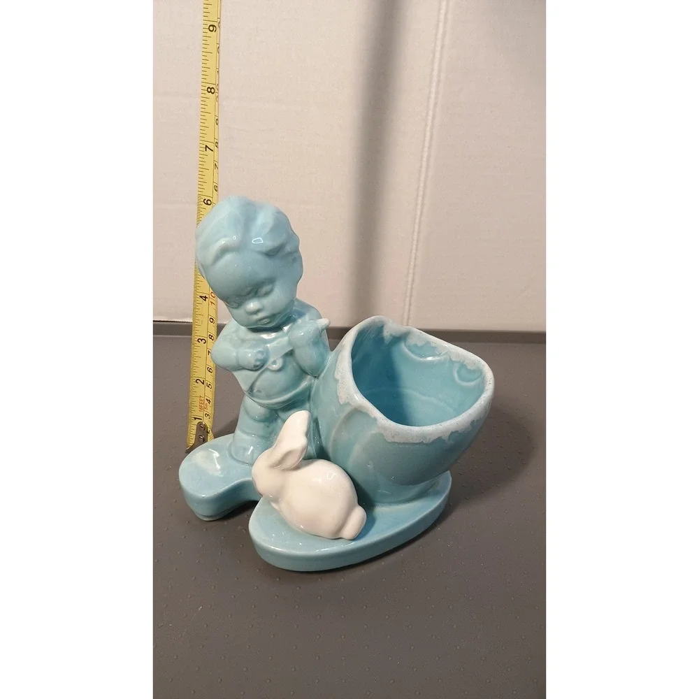 Vintage Ceramic Boy with Bunny Planter Nursery Blue White Excellent Mid Century